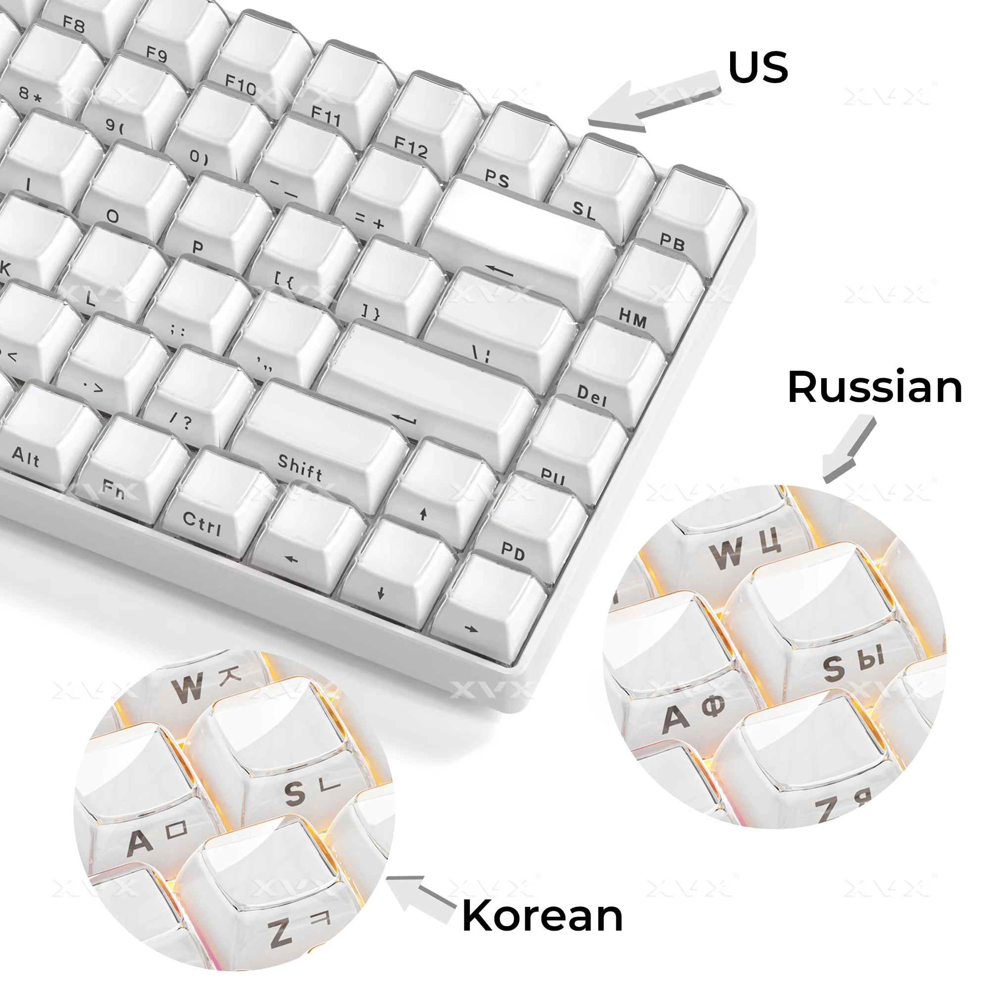 

Jelly Round Side Keycaps Ice Crystal Translucent White OEM Profile Russian/Korean Key cap for Cherry MX Mechanical Keyboard