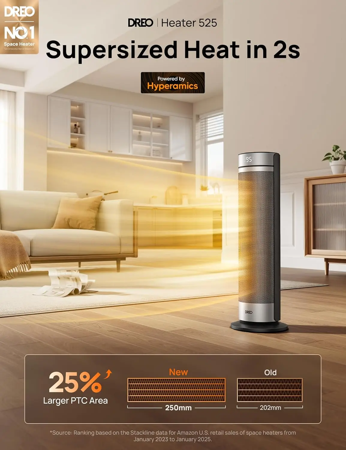 Space Heater for Large Room, 23 Inch Electric Heaters for Indoor Use, 8 Safe Protection Tower, 70° Oscillation, PTC Ceramic