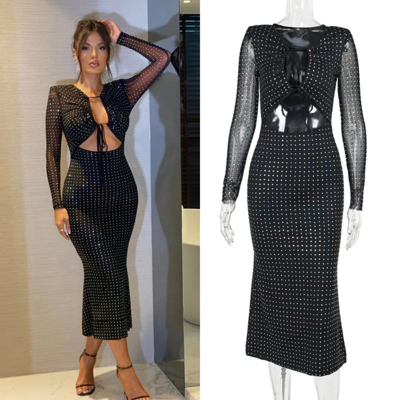 

Women Sequin Bodycon Maxi Dress Long Sleeve Mesh Lace Up Cut Out Design Elegant Slim Fit Club Party Outfit For Autumn Winter New