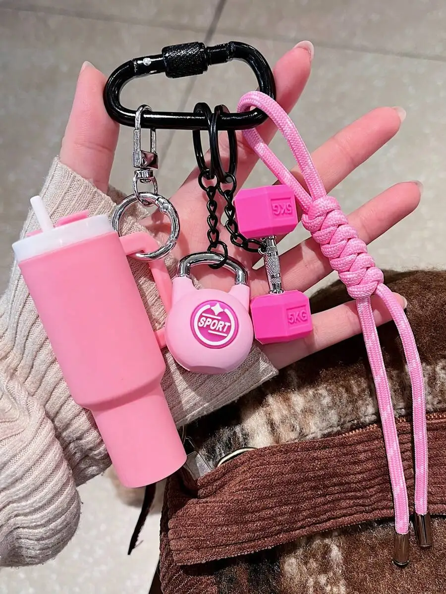 Pink Fitness Theme Keychain Set With Dumbbell Kettlebell Water Bottle Pendant Carabiner For Bag Wallet Decoration