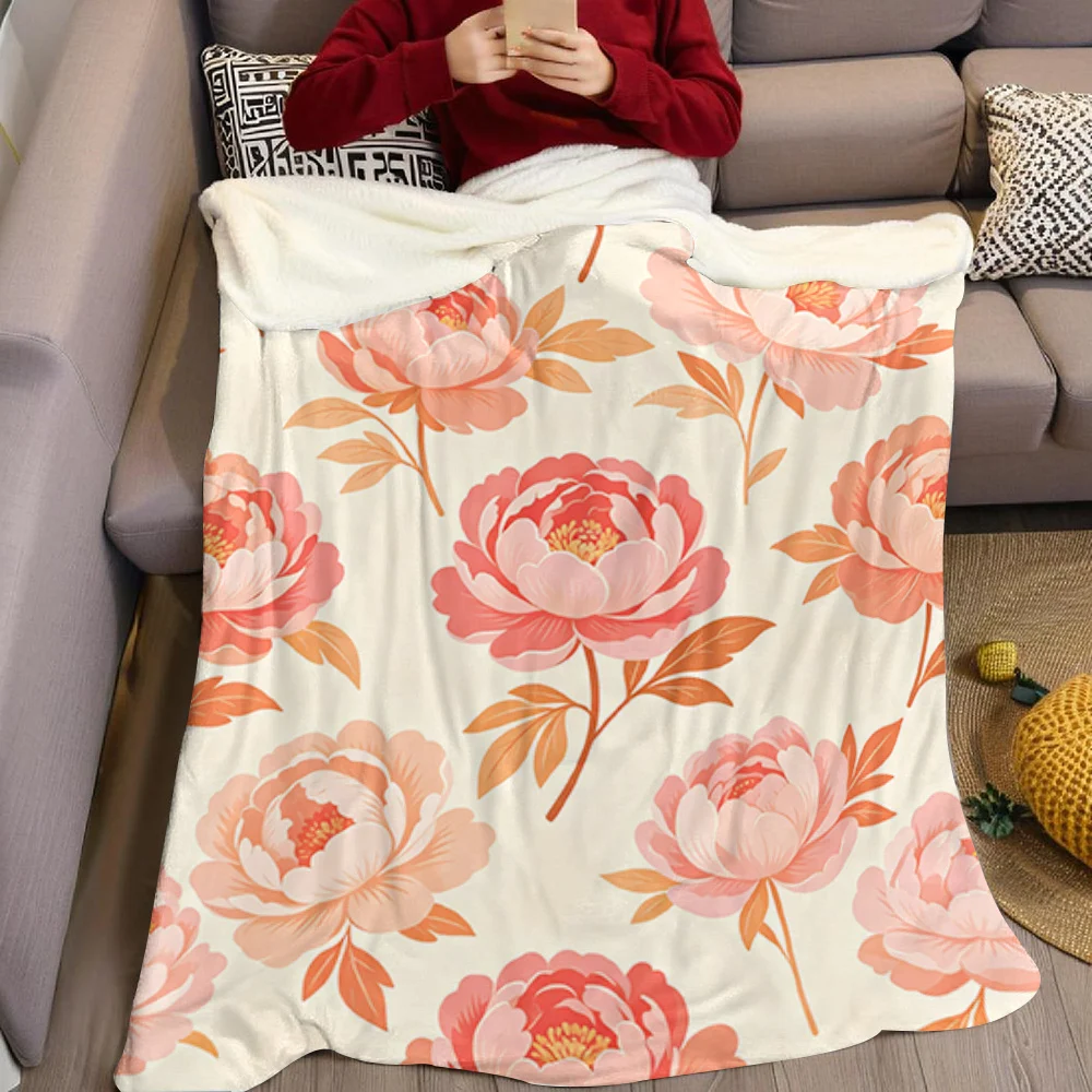 Elegant Peony Bloom Flannel Blanket Warm Soft Halloween Christmas All-Season Couch Decorative Cozy Warm Gift