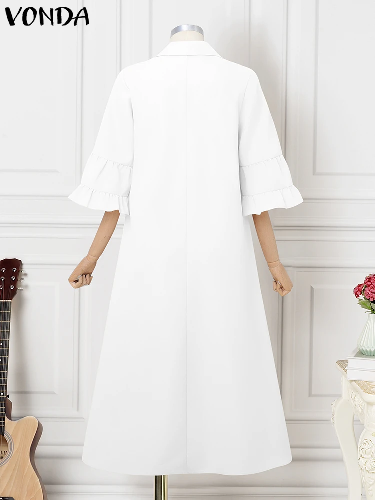 Women Plus Size Sundress Lapel 3/4 Sleeve Ruffled Elegant Maxi Long Vestidos Casual Solid Party Robe Office Dresses 5XL VONDA