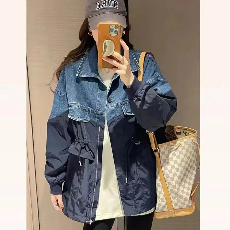 

Spring Autumn Cowboy Female Coat Korean Splicing Together Lady Denim Outwear 2024 Fake Two Items Women Long Sleeves Jeans Jacket