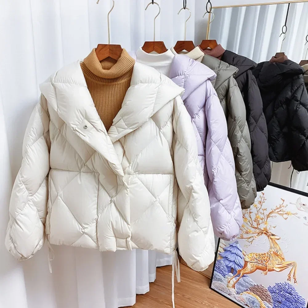 

Down Jacket Women Short Thick Winter White Duck Down Coat New Fashion Warm Loose Cocoon Type Hooded Diamond Puffer Coat Outwear