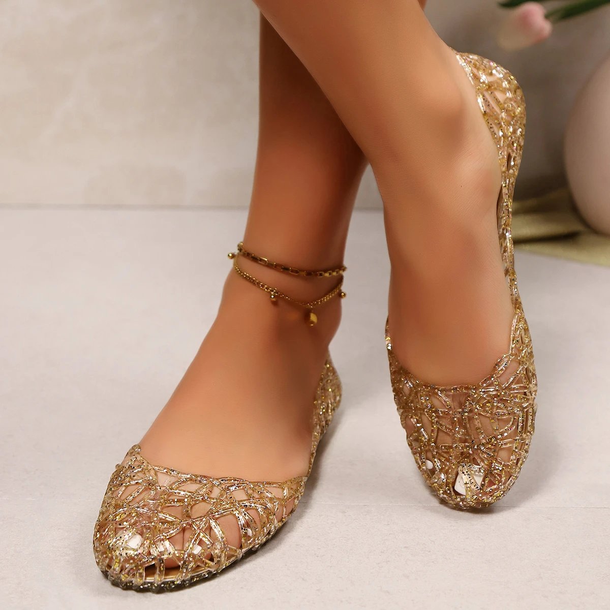 Leisure Women Flats Summer Casual Sandals Slip on Round Toe Synthetic Bling Shine Gold Silver Shoes for Women Solid Casual Shoes