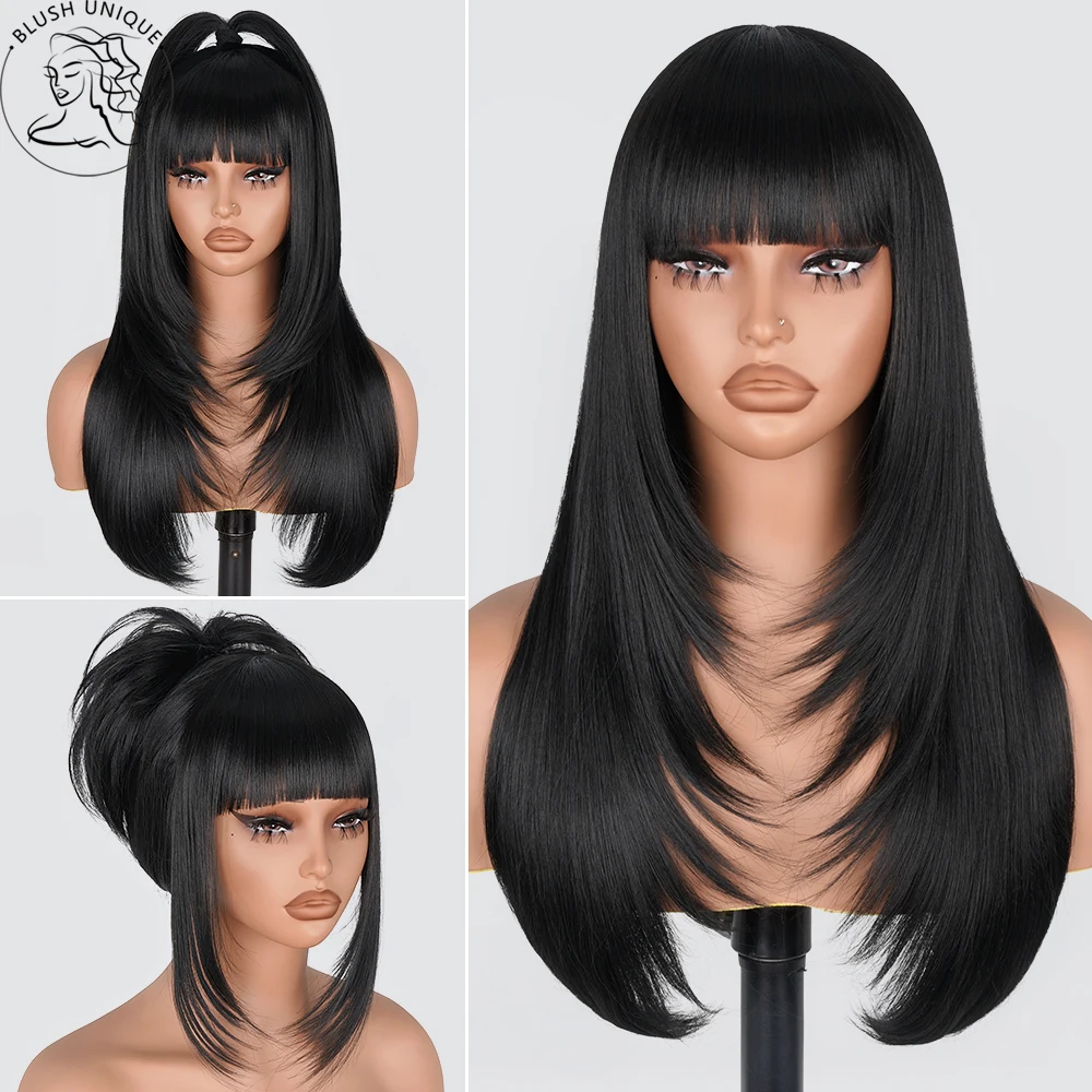 Straight Lace Wigs with Bangs Layered Cut Wigs HD Lace Fake Easy to Go Synthetic Butterfly Haircut Glueless Wigs For Black Women