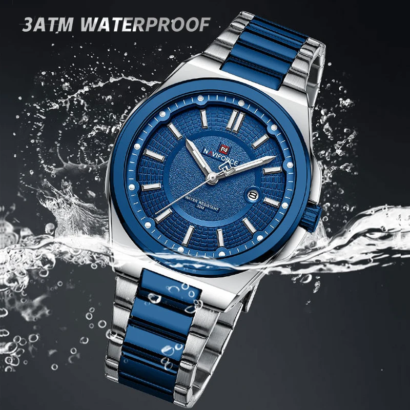 NAVIFORCE Men Quartz Watch Business Fashion 30M Waterproof Stainless Steel Band Date Display Foldable Clasp Durable Wristwatch