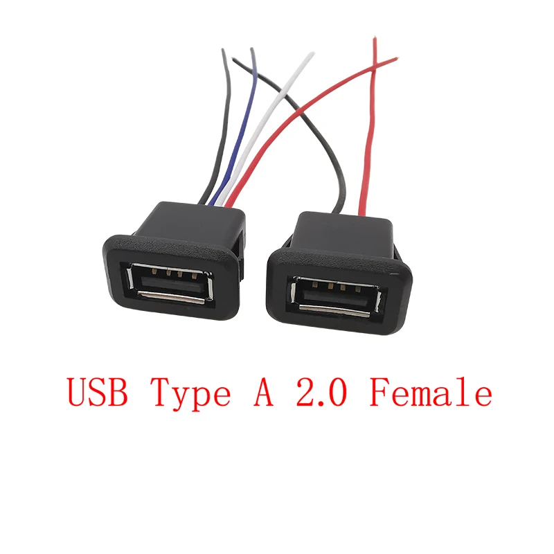 USB Type A 2.0 Female Jack 2/4 Pin Charging Port Connector USB Socket Snap-on Mount Power Interface Wire Lead Cable Connectors