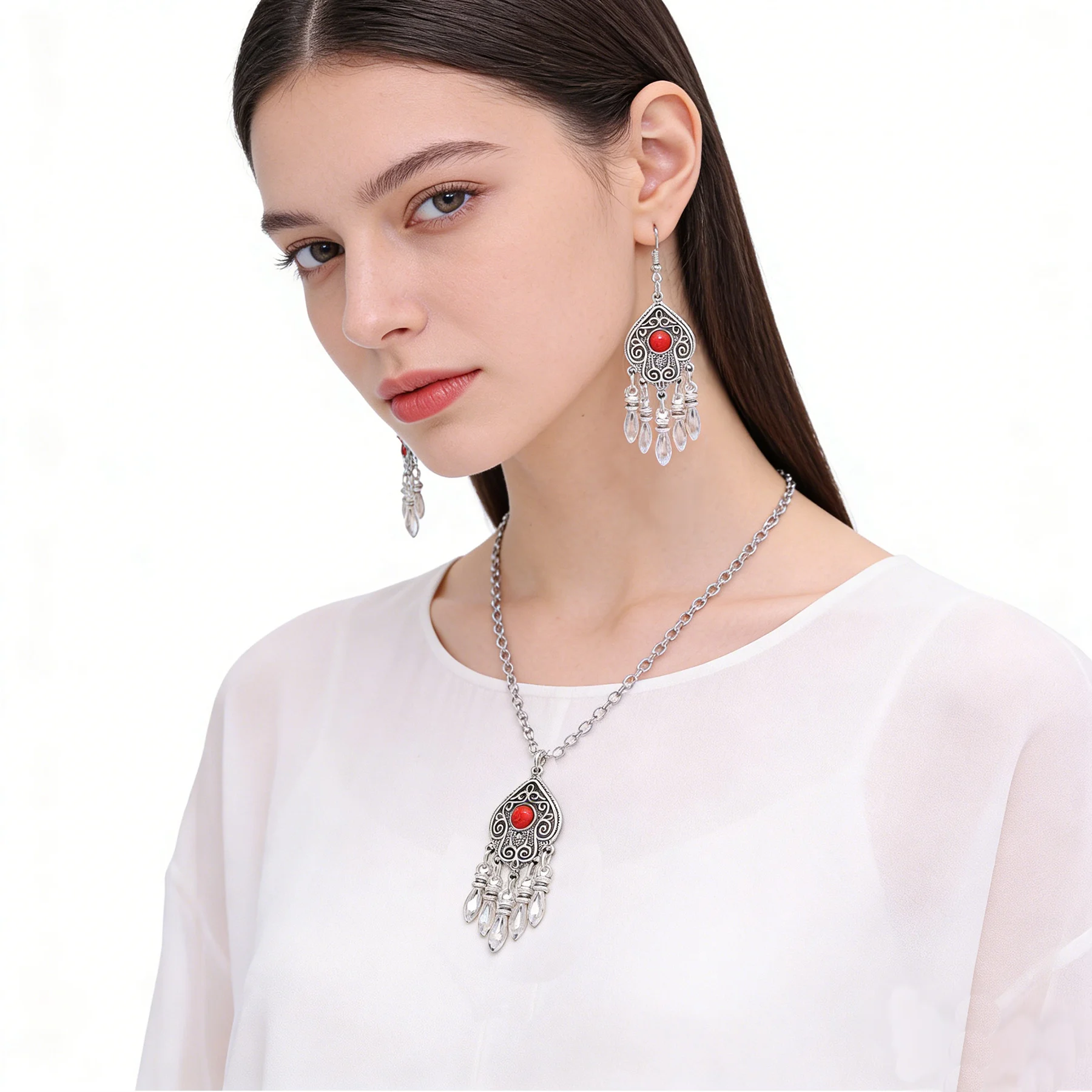 

Bohemian Vintage Silver Turquoise Geometry Pendant Necklace Earrings Jewelry Set For Women Alloy Carved Ethnic Accessory Gift