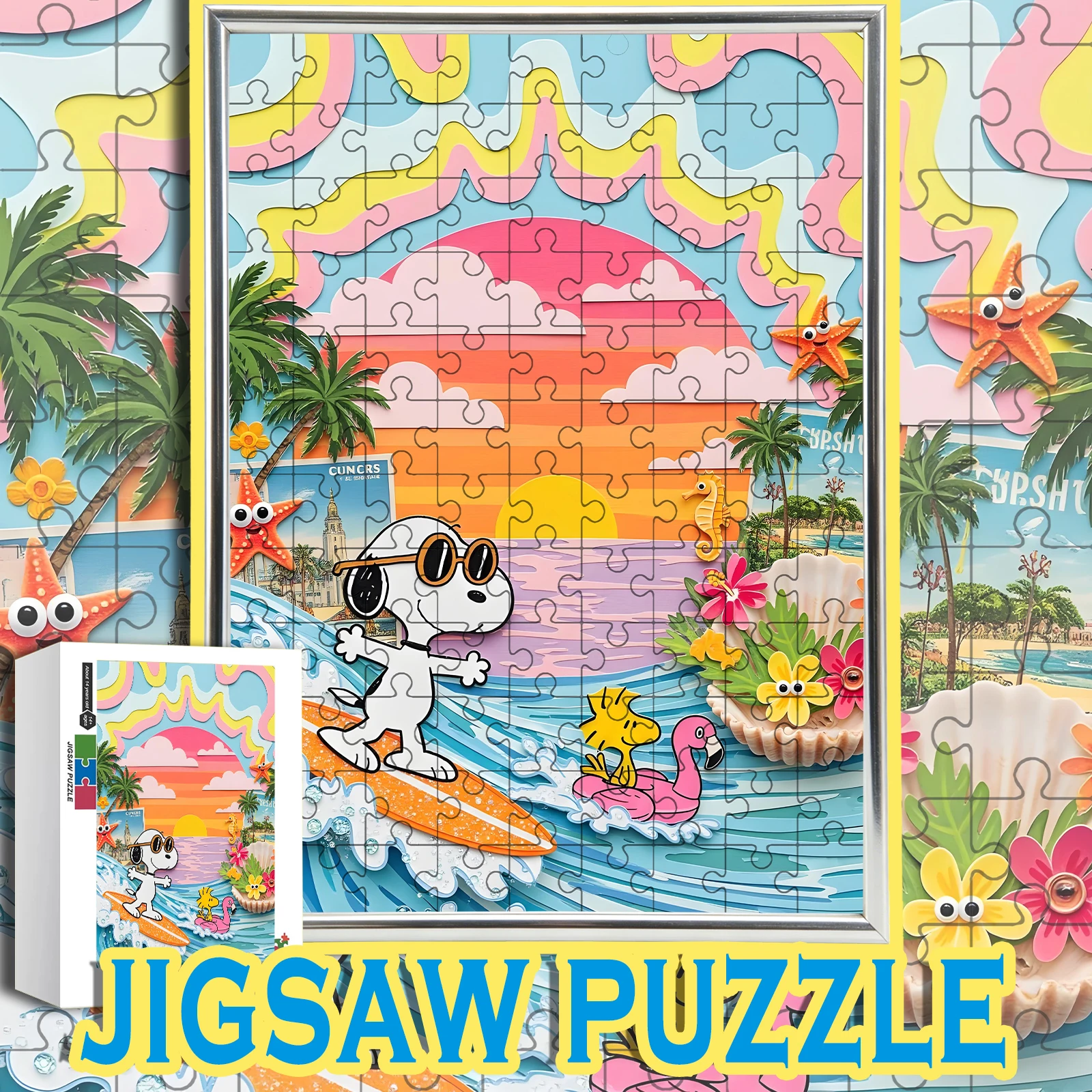 Rompecabezas de la Escena de la Playa con Snoopy y Atardecer Arcoíris Pastel, 108-1000 Piezas, Decoración para el Hogar