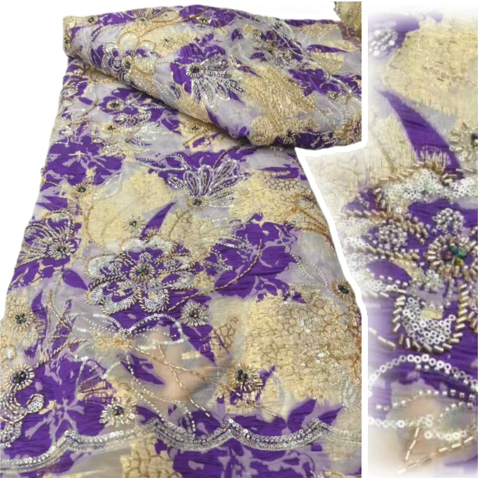 African Jacquard Sequins Gilded Lace Nigerian Brocade Beads Lace Fabric Evening Party Dresses for Women Sewing 5yards TP1712