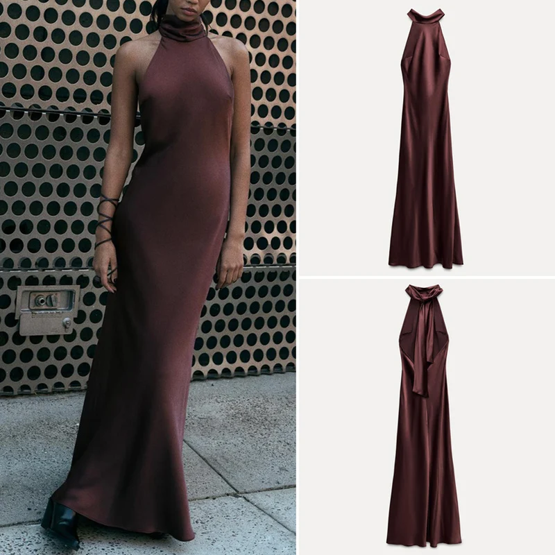 Zijde Satijn Lange Svel A-lijn Dr Damesjurk met hoge kraag Street Sle Polyestervezel Herfstcollectie 2024
