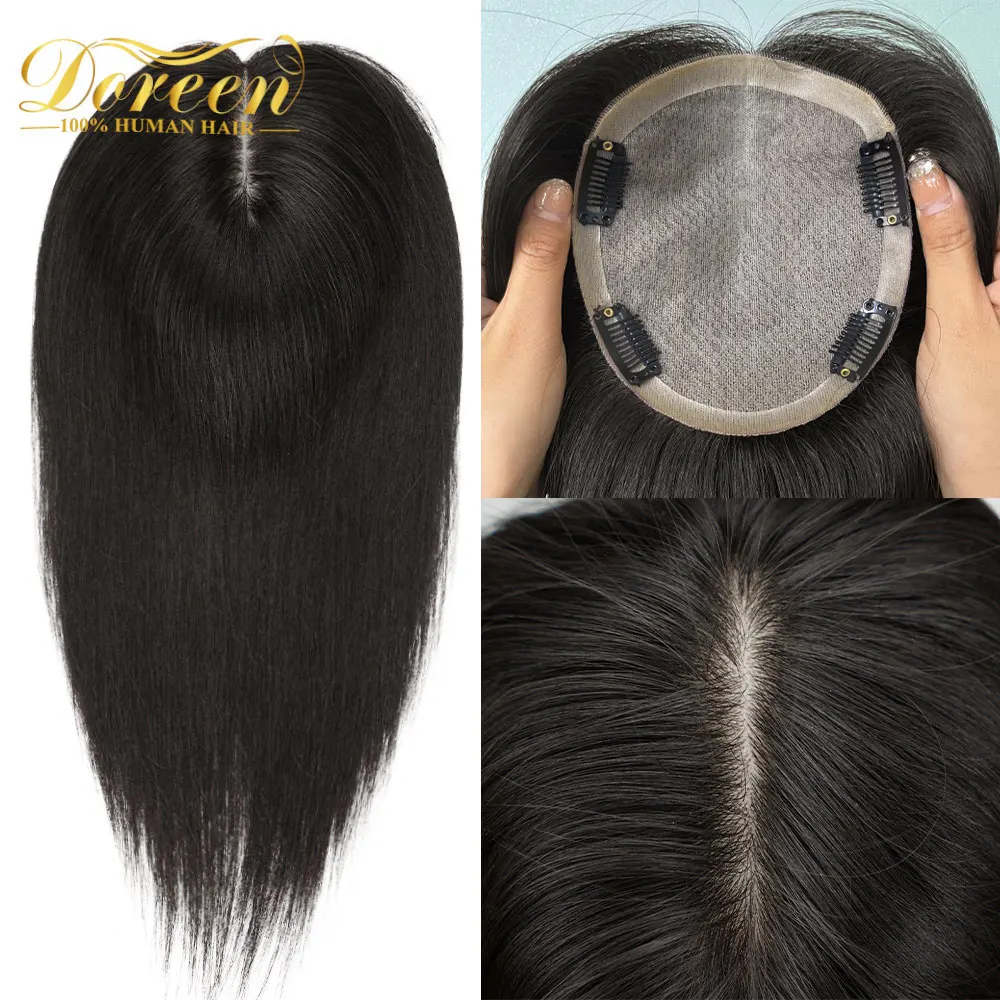 Doreen 6-16 inch Remy Human Hair Topper for Women PU Natural Scalp Skin Silk Base with clip Handmade Toupee Wig 8*13CM 13*15CM