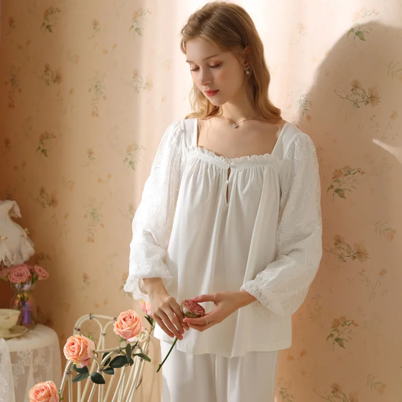 

Princess Sleepwear Women's Pajamas Set White Cotton Home Suit Lace Spring And Autumn Sleeping Clothes FG609