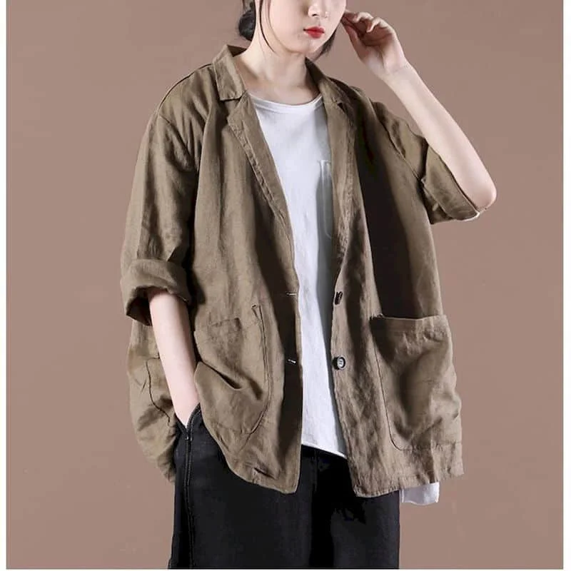 Cotton Linen Blazers for Women Vintage Quarter Sleeve Casual Korean Style Outerwears Mid Length Tailored Collar Coats Women Tops