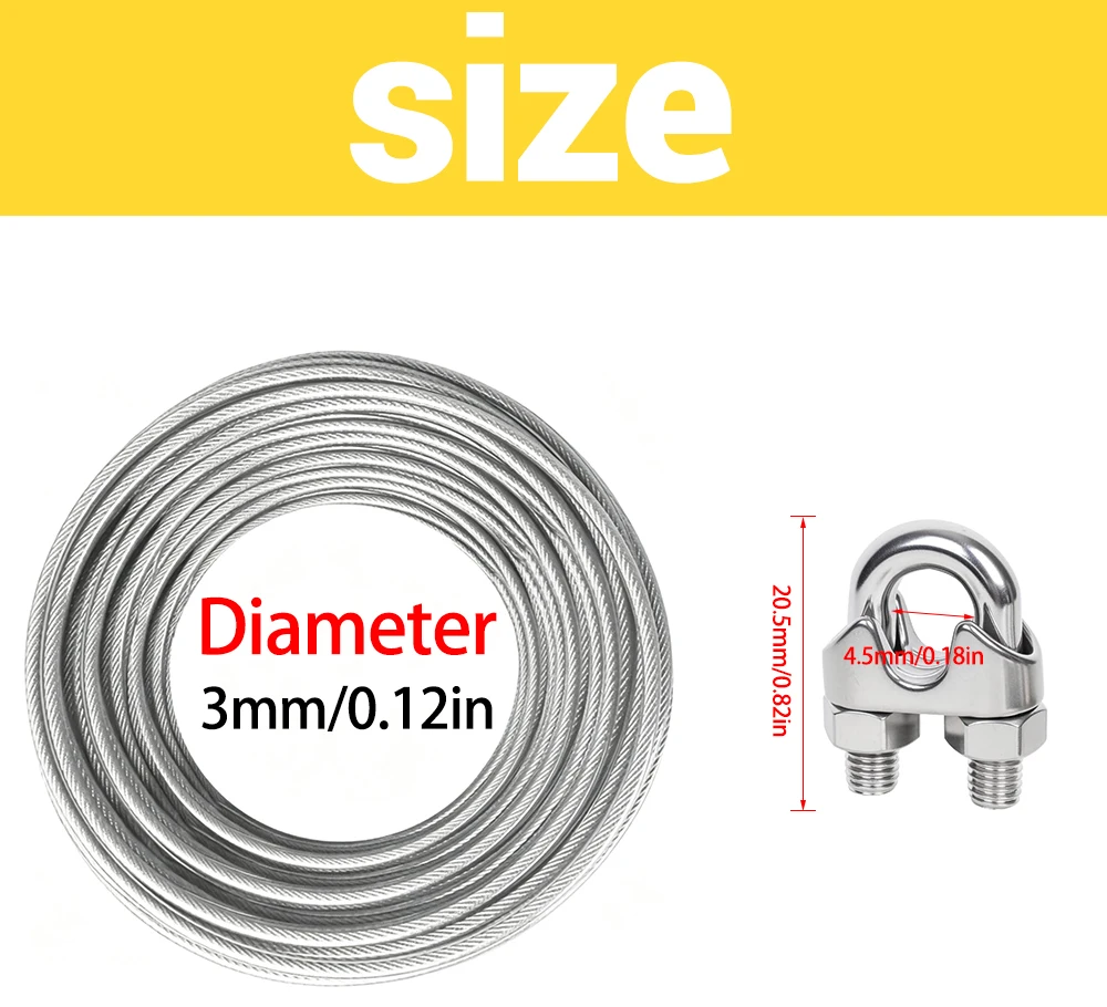 10/20M 3mm Edelstahl-Drahtseil-Set mit U-förmiger Kabelklemme und PVC-Beschichtung für Camping, Wäscheleine, Gartengeländer – Detail 1