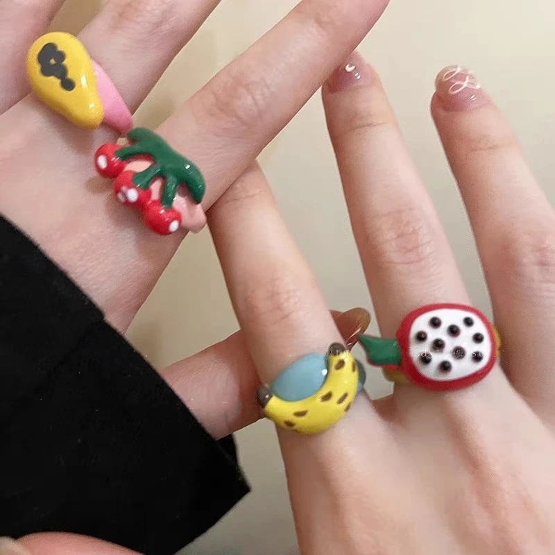 Summer Resin Fruit Ring Cherry Ring Banana Finger Ring Korean Jewelry Papaya Pitaya Grape Persimmon Cartoon Ring for Girls