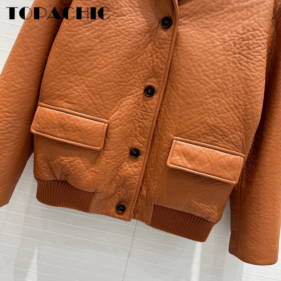 7.15 TOPACHIC-Women Street All-matches Single Breasted Lapel Jacket High Quality Sheepskin Spliced Knit Hem Loose Outerwear