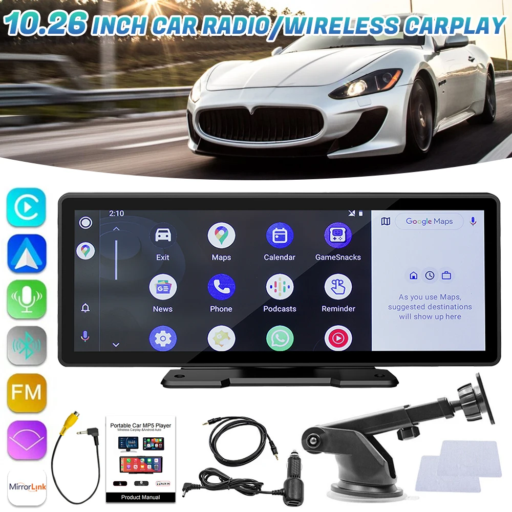 

10.26" HD Touch Screen Android 13 Car DVR Wireless CarPlay & Android Auto Mirror Link Dash Cam GPS Navigation Bluetooth AUX FM