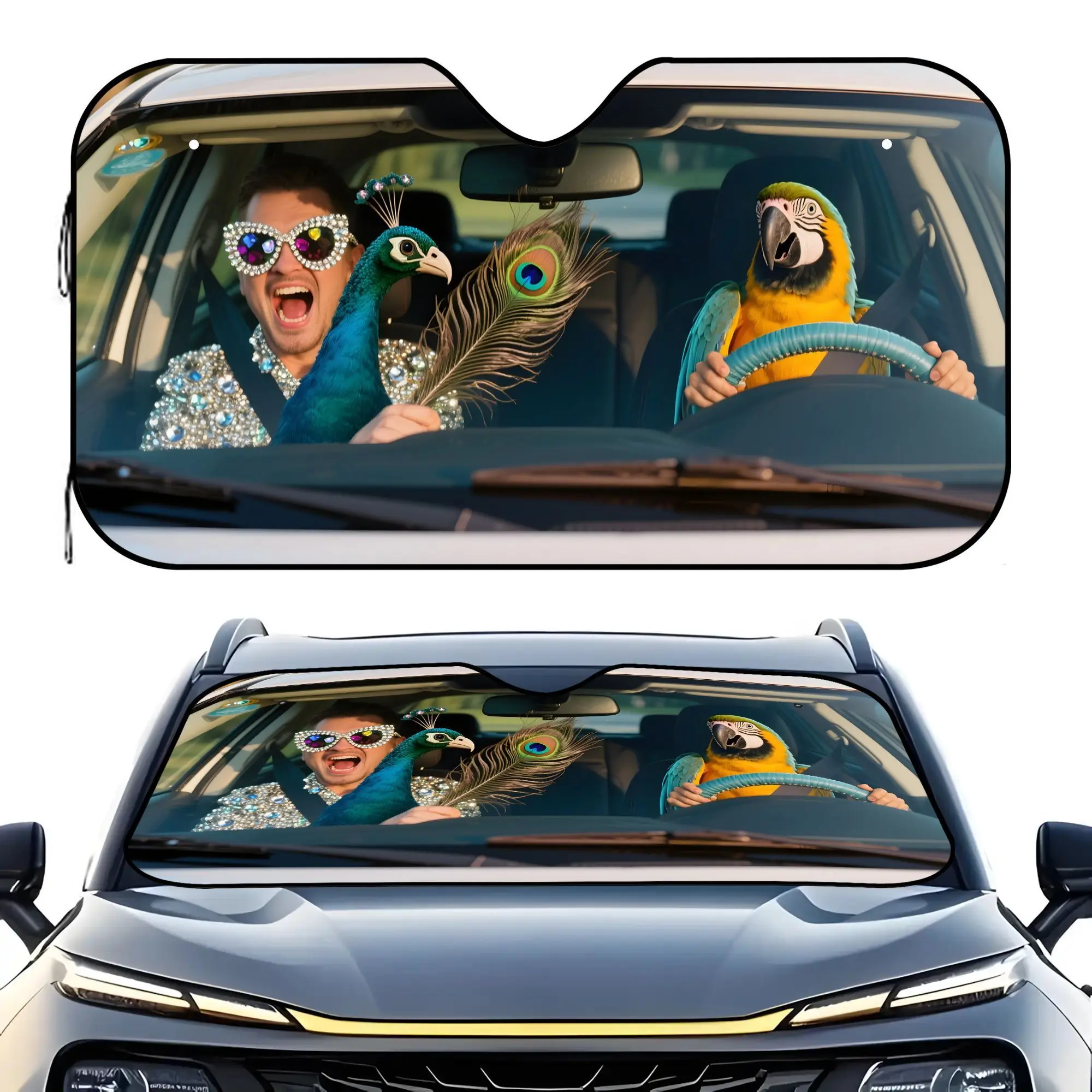 1pc Stylish Parrot-Themed Car Sun Visor With Heat Insulation & UV Protection - Durable Polyester, Roll-Up Design For Front Winds