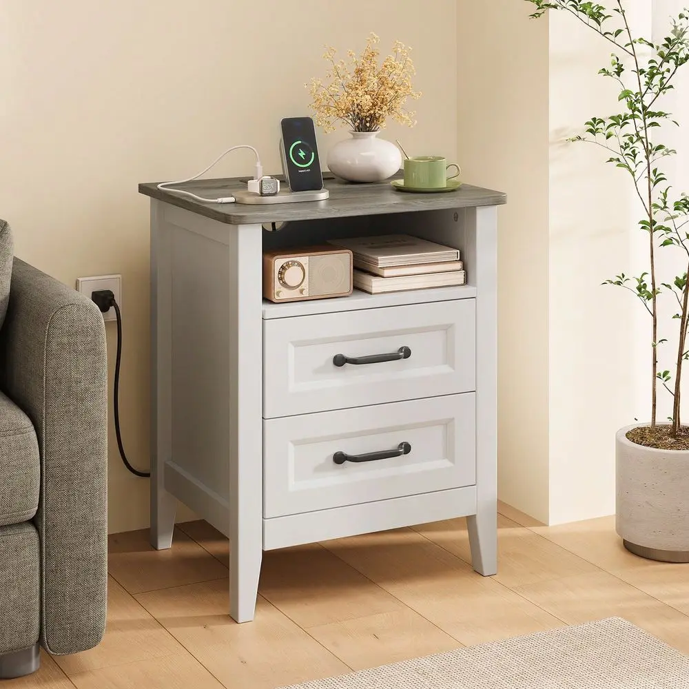 

With Charging Station, Bedside Table Set For Bedroom, Modern Wood Nightstand With 2 Drawers Open Shelf, WhiteGrey