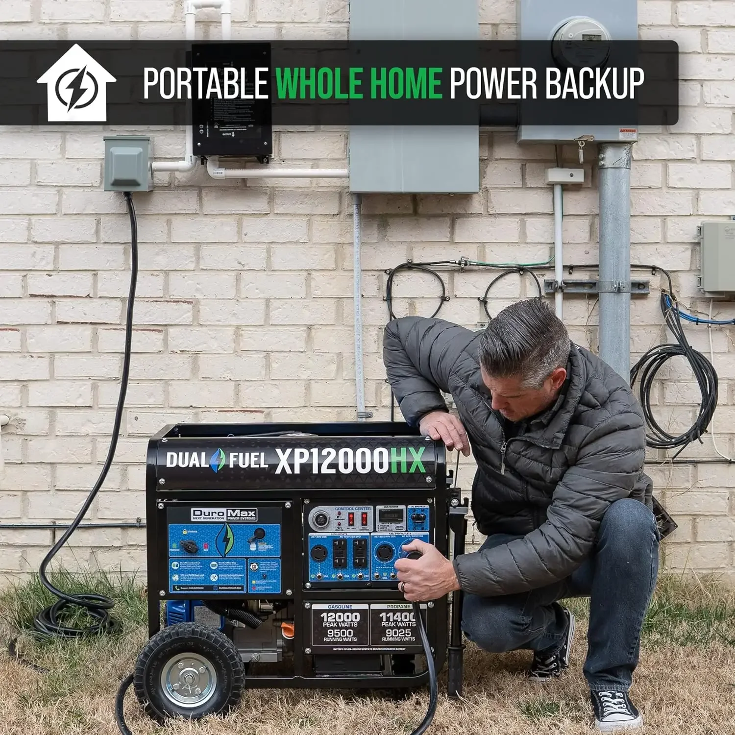 Dual Fuel Portable Generator-12000 Watt Gas or Propane Powered Electric Start w/CO Alert, 50 State Approved, B