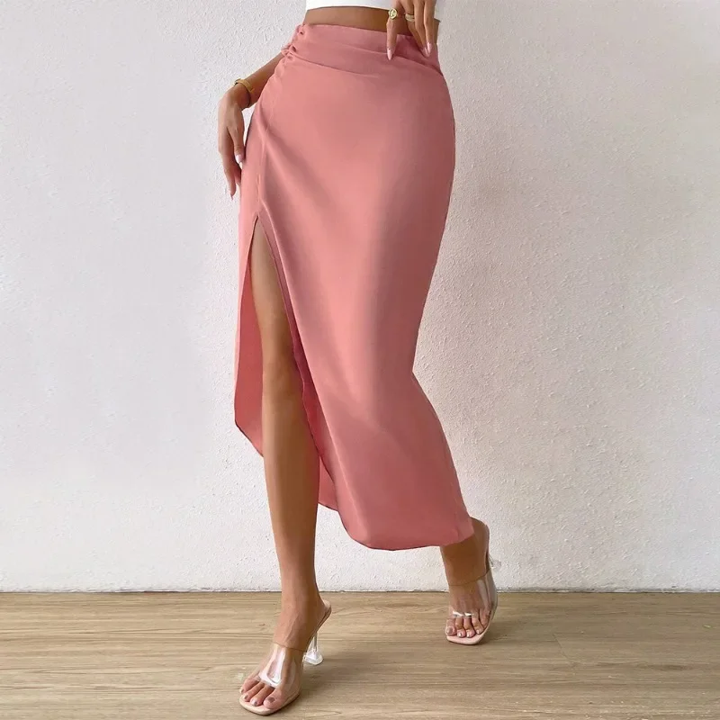 2024 Lente/Zomer Nieuwe Sexy Split Onregelmatig Temperament Woon-Werkverkeer Mode Roze Elegante Gevouwen Omwikkelde Hip Rokken Voor Vrouwen Ysq30