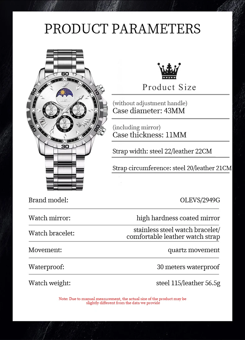 OLEVS 2949 Original Man Quartz Wristwatch Business Luminous Date Chronograph Moon Phase Luxury Classic Watches for Man view 6