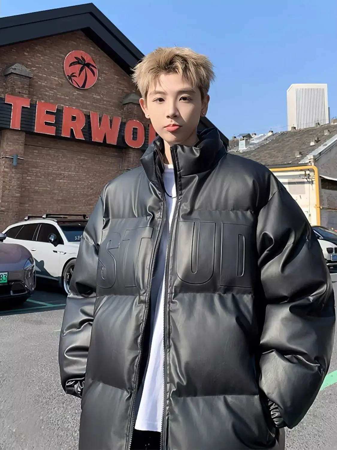 

Winter Jaet Casual Bread PU Leather Warm Bla Stand Collar Men Cotton Coat Thiened Polyester Fiber Zipper Closure ...