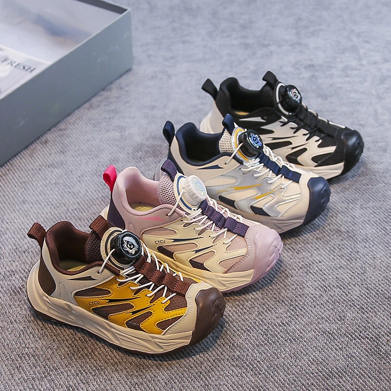 

Детские кроссовки с закрытым носком, детская спортивная обувь с вращающейся кнопкой, осень 2023, новая повседневная обувь для мальчиков и девочек, сетчатая мягкая подошва