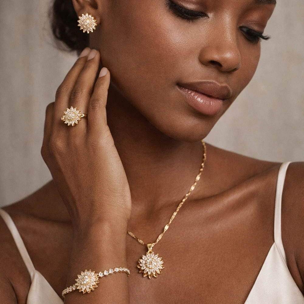 Stainless Steel Sunflower Spinner Necklace&earring Set Gold-plated Inlay Rhinestone Fidget Anti Stress Anxiety Jewelry for Women