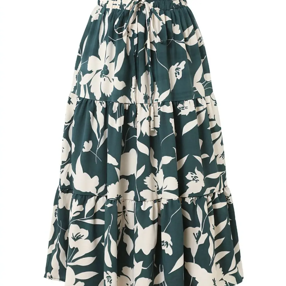 Ladies Vintage Floral Pleated Midi Skirt Elastic Waist A Line Skirt Summer Breathable Casual Elegant Streetwear