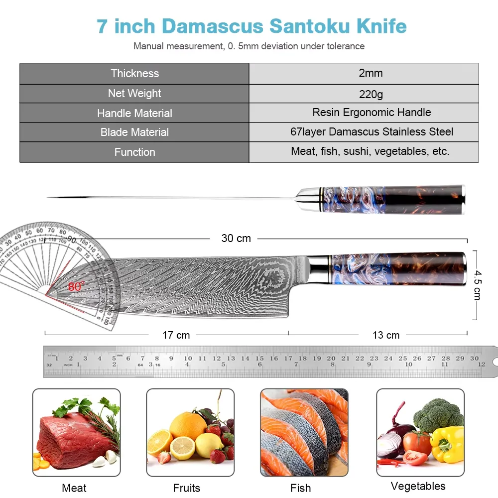 Japanese 7 Inch Santoku Knife Damascus VG10 Steel Kitchen Knife Ergonomic Sea Blue Resin Handle Chef Knife Sharp Cooking Knives