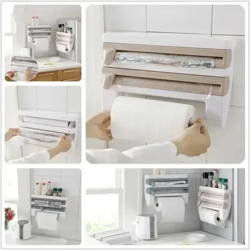 Useful Wall-Mount Paper Towel Holder Sauce Bottle Rack 4In1 Cling Film Cutting Holder Kitchen Accessorie