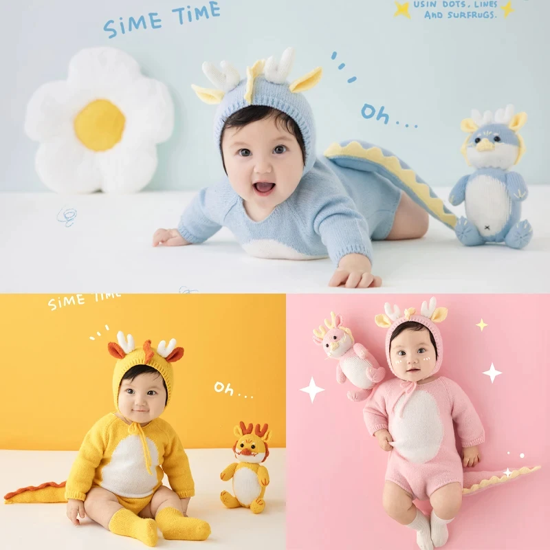 3-5 Months Baby Photography Clothing Hand Knitted Jumpsuit Hat + Socks 3pcs/Set Cute Dragon Horn Outfit Sunflower Pillow Props