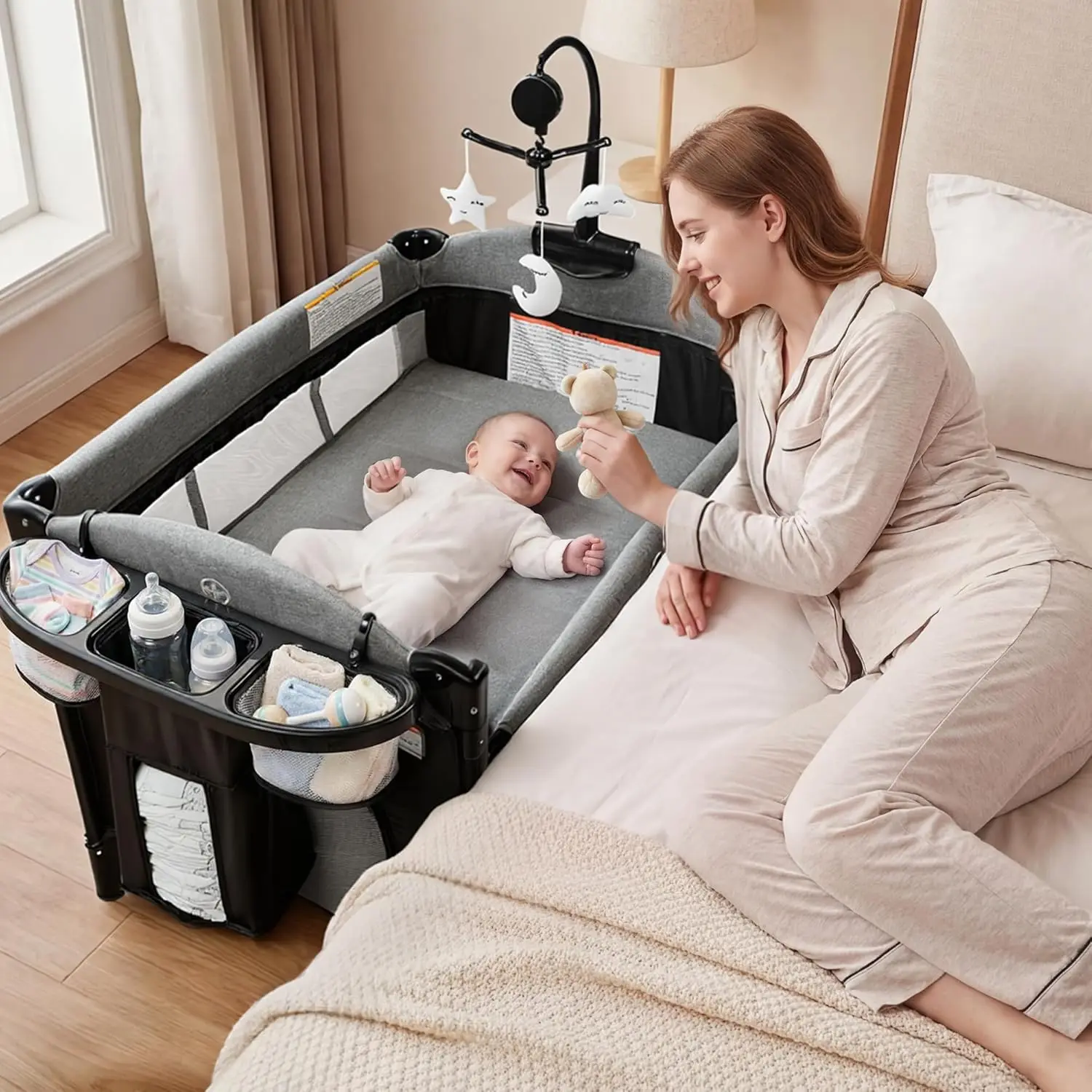 

4 in 1 Portable Baby Playard, Foldable Bedside Crib w/ Bassinet, Infant Playpen, Changing Table, Storage Basket, Grey