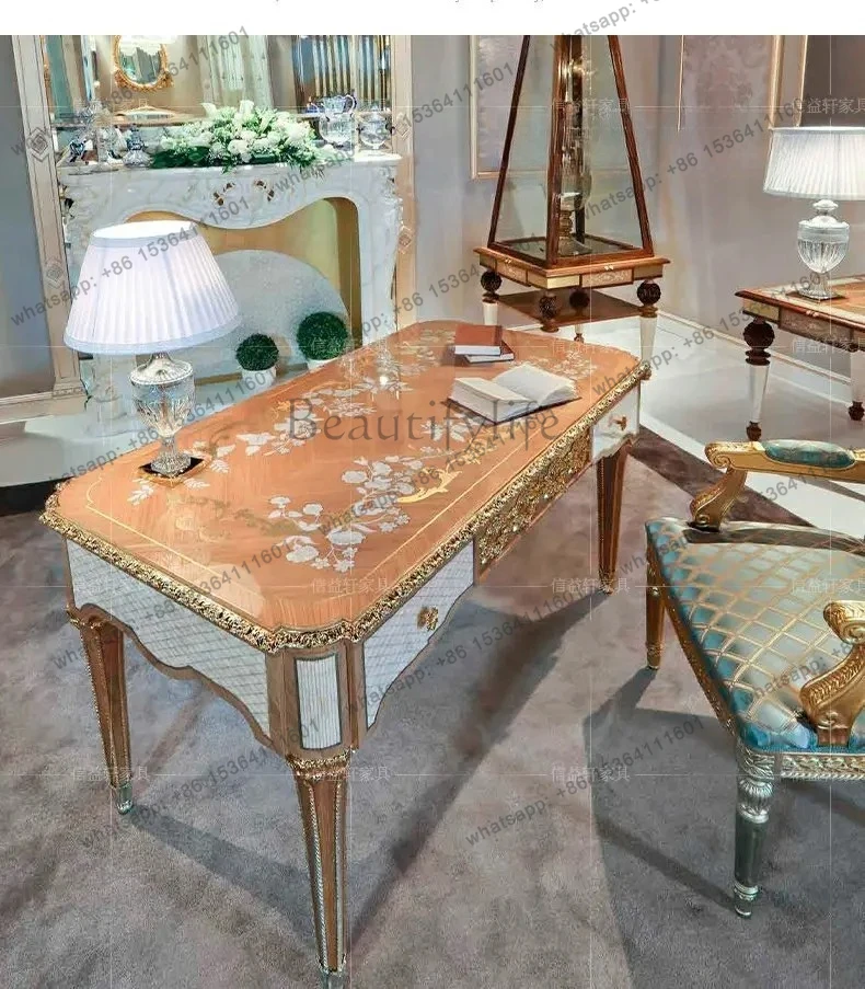 

European solid wood carving flower shell parquet computer desk luxury bookcase study office writing desk household