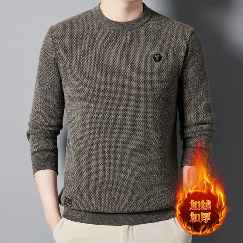 

Autumn and Winter Fleece Thickened New Men's Chenille Warm T-shirt Middle-aged Round Neck Jacquard Warm Base