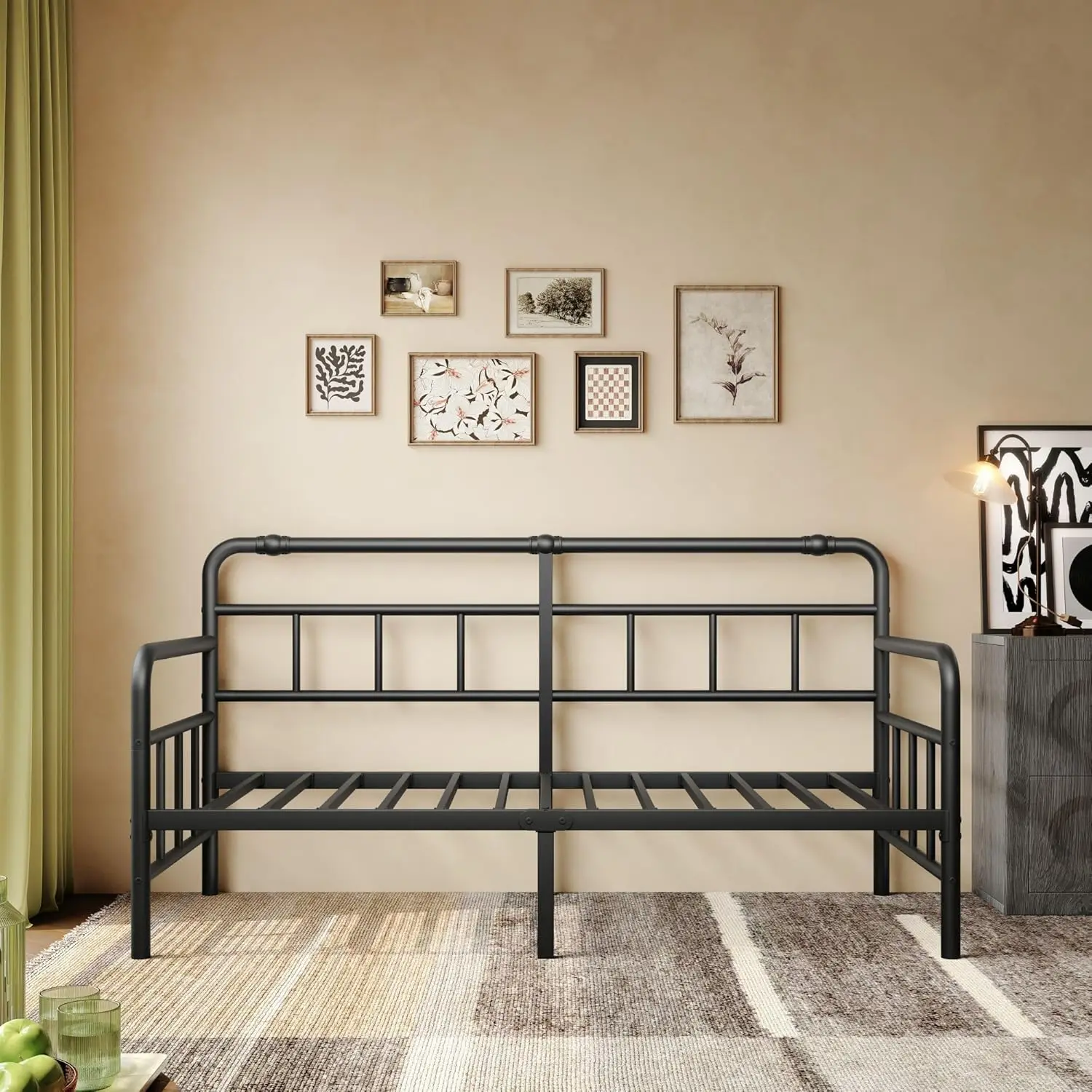 Twin-Daybed with Classic-Headboard - Heavy Duty Steel Slats,Metal Sofa Bed Frame for Living Room Bedroom Guest Room, Easy Assemb