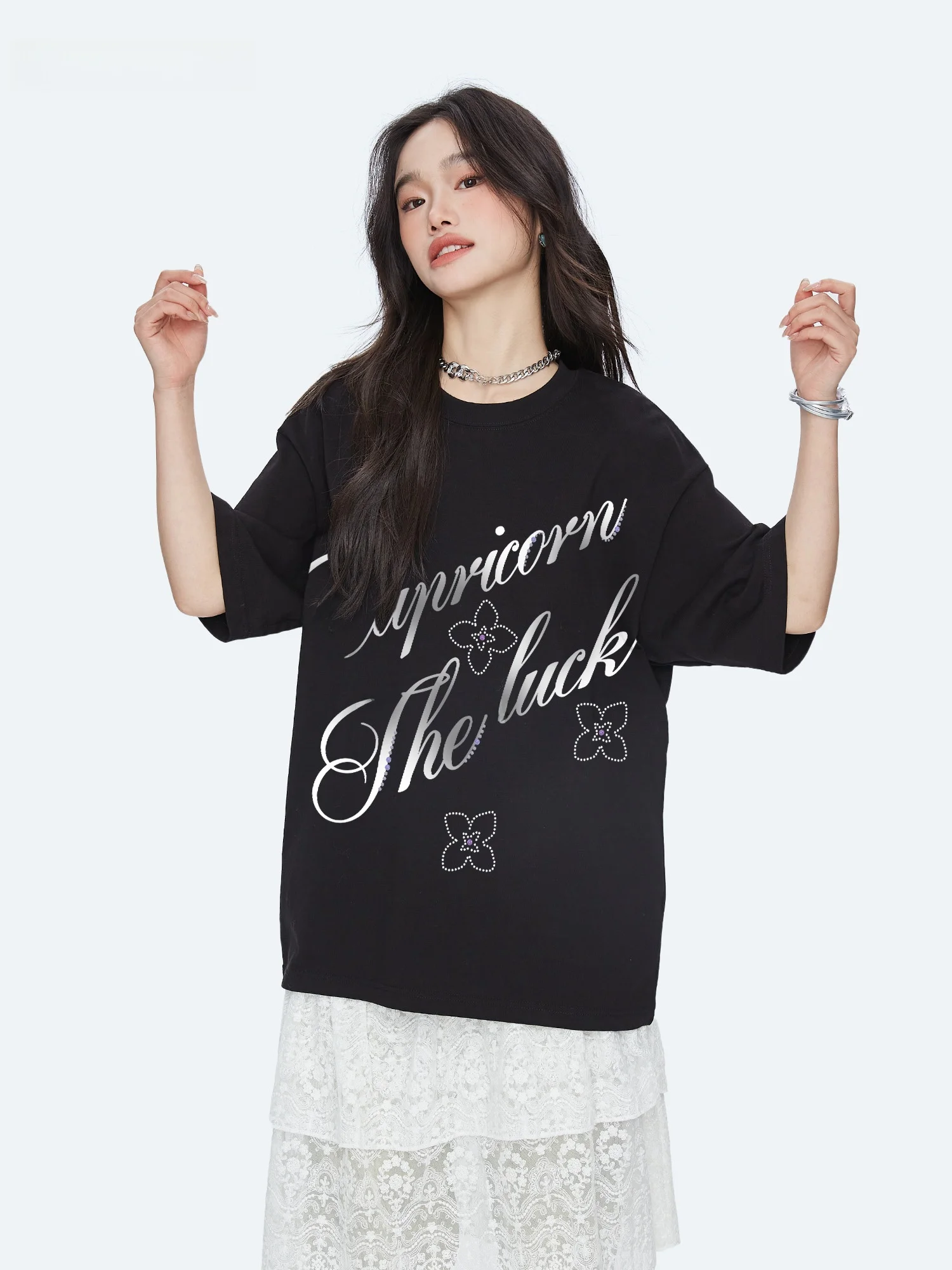 Capricorn Silver Dust Cotton Short Sleeve T-Shirt Women's Loose Fit Street Style Printed Casual Summer Top