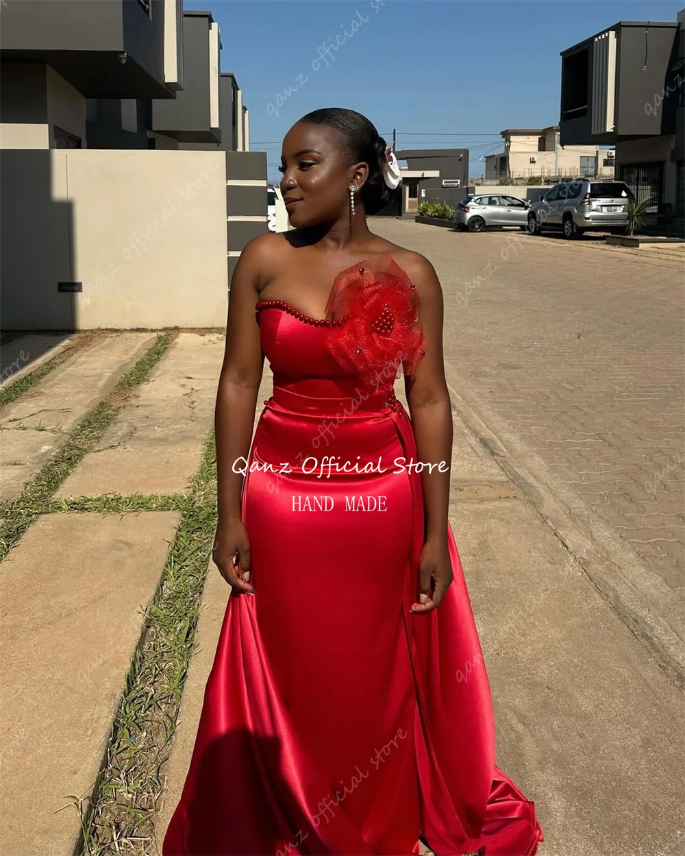 Qanz Red Evening Dress Satin Mermaid Pearls African Dresses for Women Wedding Guest Sexy Backless Vestidos De Fiesta Customized