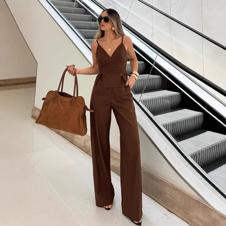 

2026 Brown Two Piece Suits Woman's Elegant Solid Sleeveless V-neck Split Crop Top+High Waist Pants Matching Streetwear Outfits
