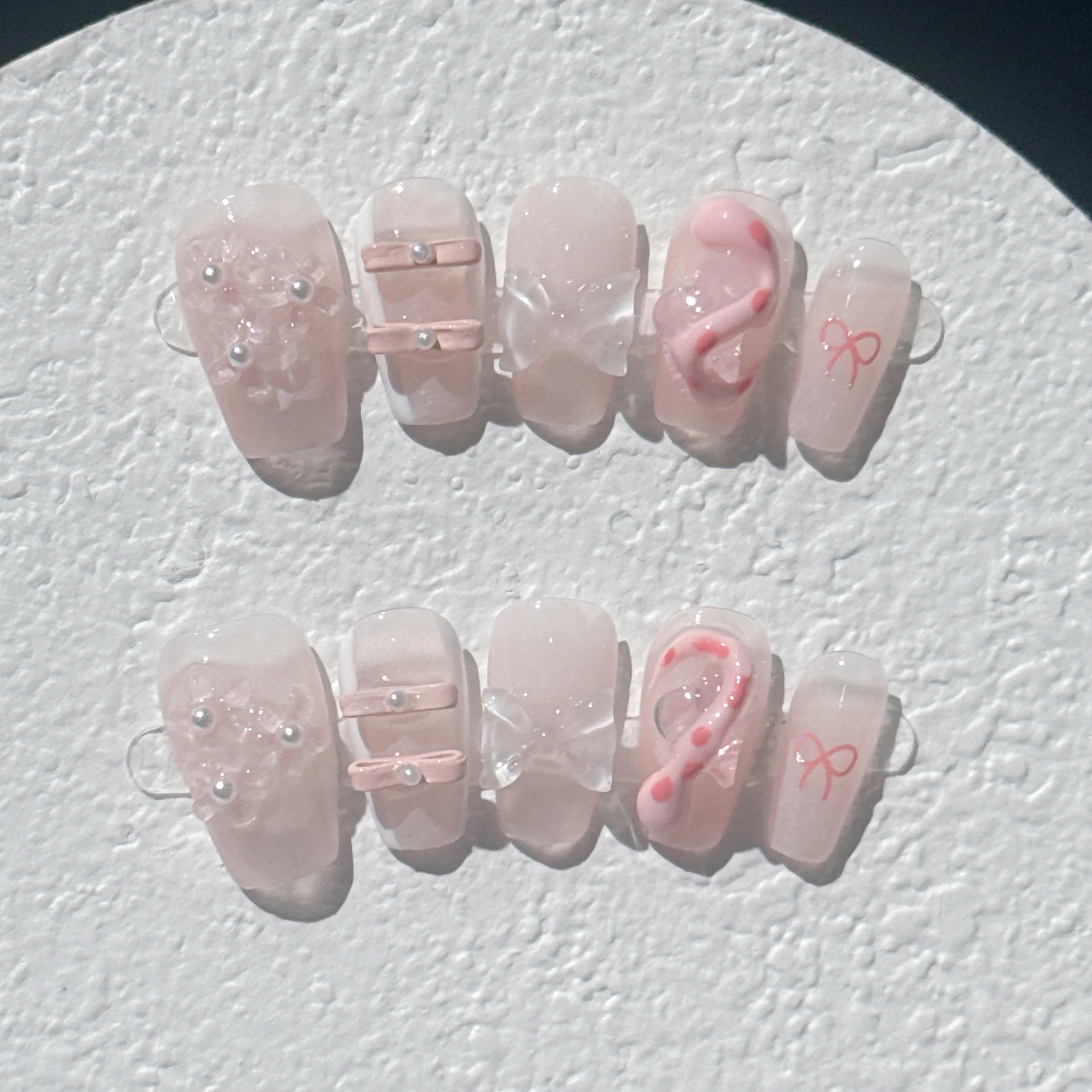 Unhas falsas quadradas curtas, rosa, pressione unhas, cobra fofa, bowknot, desenhos de flores, doce handmade falso prego patch, manicure DIY, 10pcs