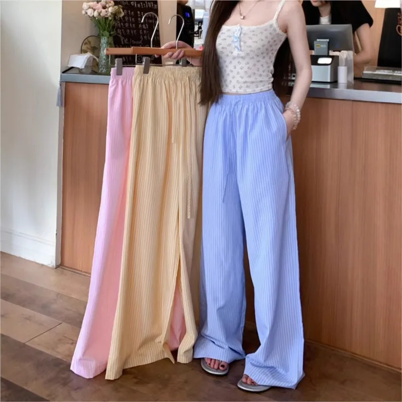 

2025 new summer Y2K Striped Print Long Pant Women Elastic Waist Wide Leg Pants Fashion Casual loose Straight Trousers