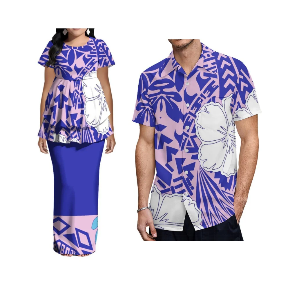 Verão polinésia feminino de manga curta em torno do pescoço cintura cinched bainha dupla camada terno vestido samoan personalizado roupas de casal