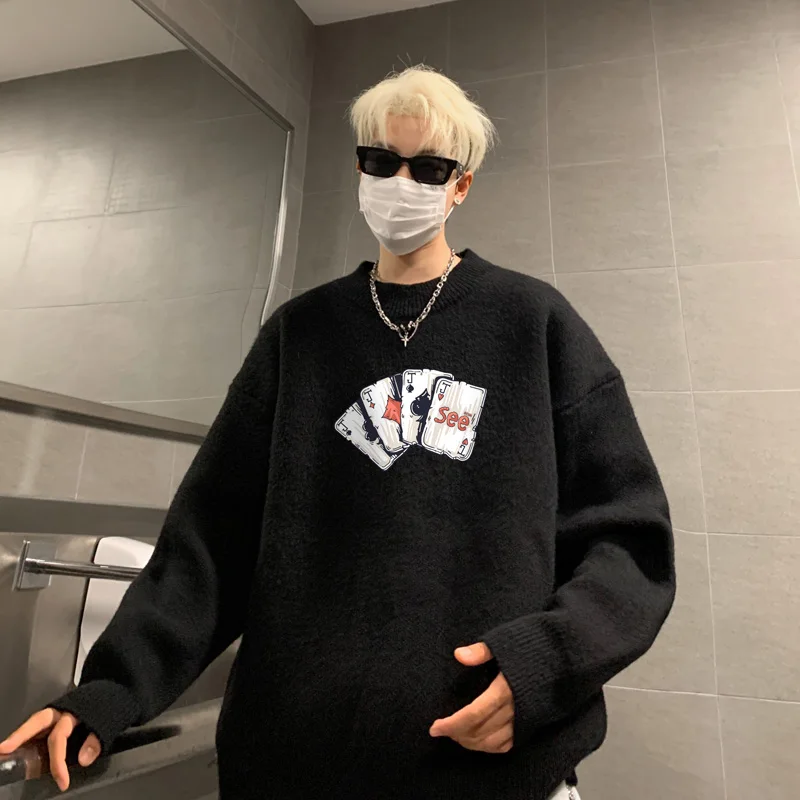 

Men's Oversized Sweaters Autumn White Knitted Sweater 5XL Fashion Poker Print Casual Wear for Man Knit Pulloves Men Clothes