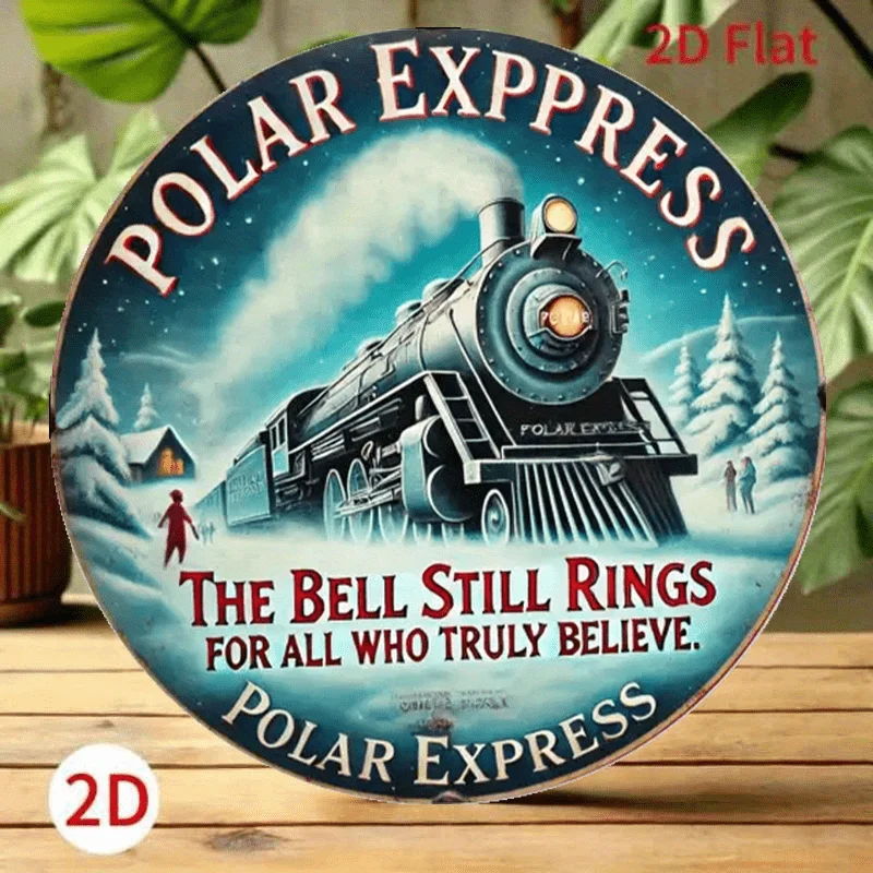 Vintage Polar Express Aluminum Wall Sign - 2D Flat, Festive Train & Snowy Scene Design, Ideal for Home, Garden, or Office Decor,