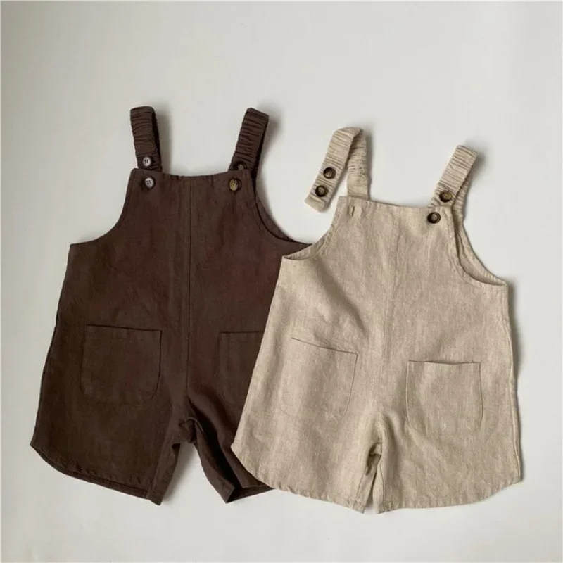 

New Summer Boy Girl Children Retro Cotton Linen Overalls Baby Pockets Casual Solid Suspenders Pants Kid Simple All-match Trouser