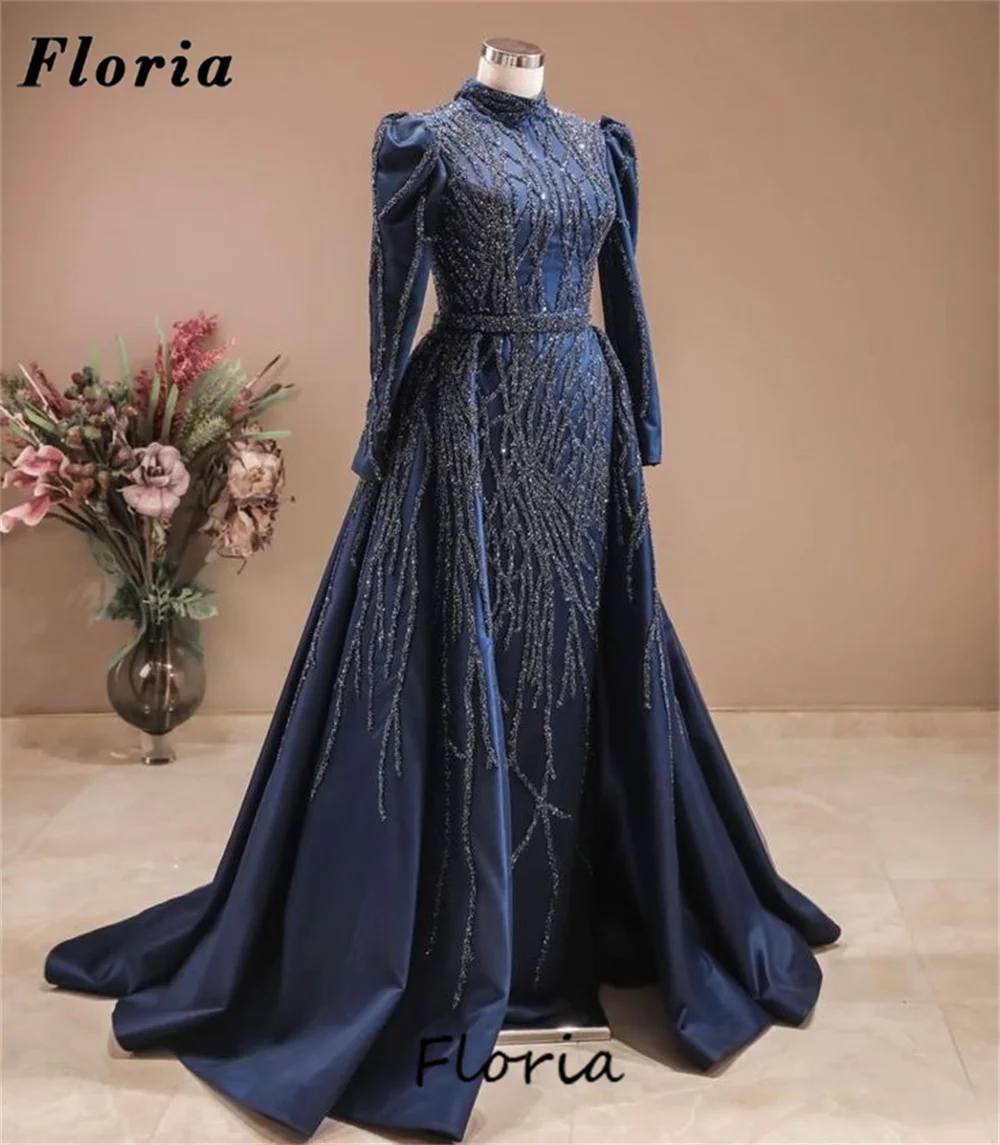 

Muslim Navy Blue Beading Evening Dresses Abendkleider Crystals Long Skirt Prom Dress Vestidos De Gala Engagement Party Gowns