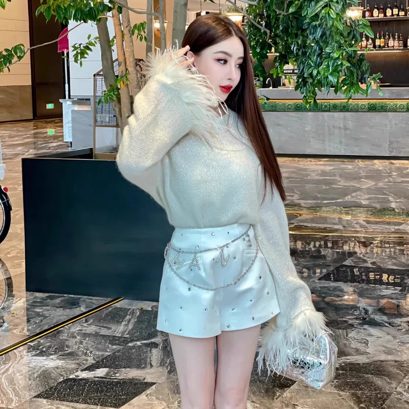 Autumn Unique Design Korean Light Luxury Socialite Shiny Silver Silk Jumpers Splicing Feather Horn Sleeve Knitted Sweater Girl